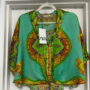 Zara Turquoise Paisley-Print Tie-Front Blouse with Green and Gold Accents